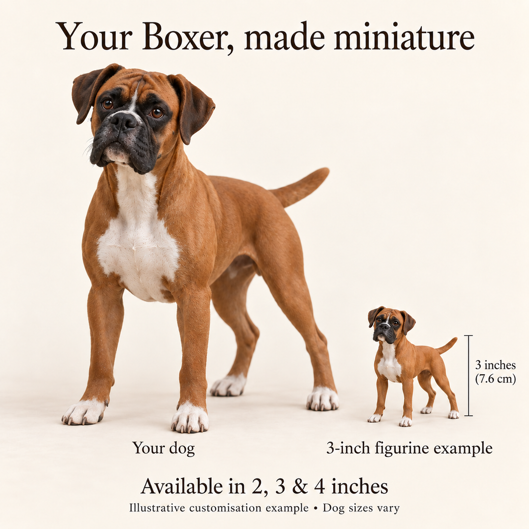Illustrative Boxer comparison showing a small 3-inch figurine beside a dog; available in 2, 3 and 4 inches. Dog sizes vary.