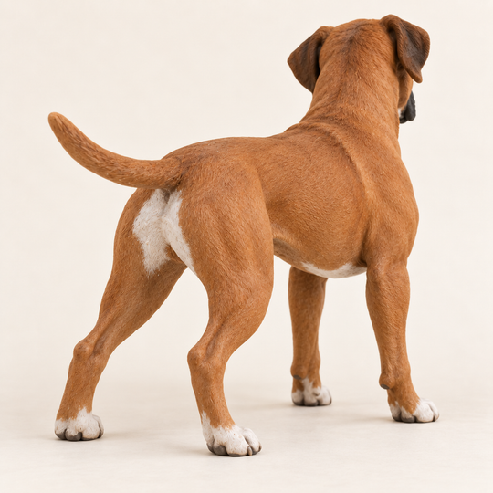 Illustrative rear view of a custom Boxer polymer clay figurine.