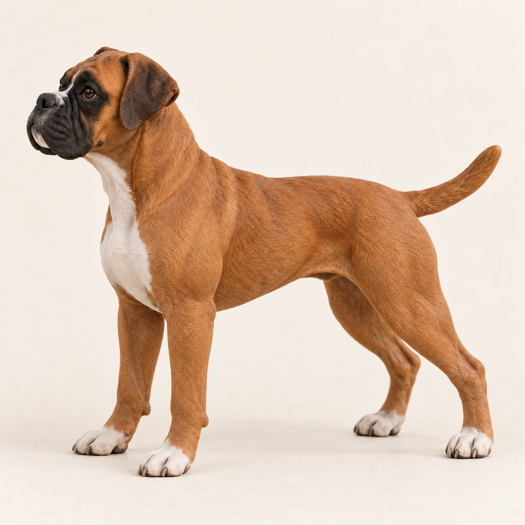 Illustrative side view of a custom Boxer polymer clay figurine.