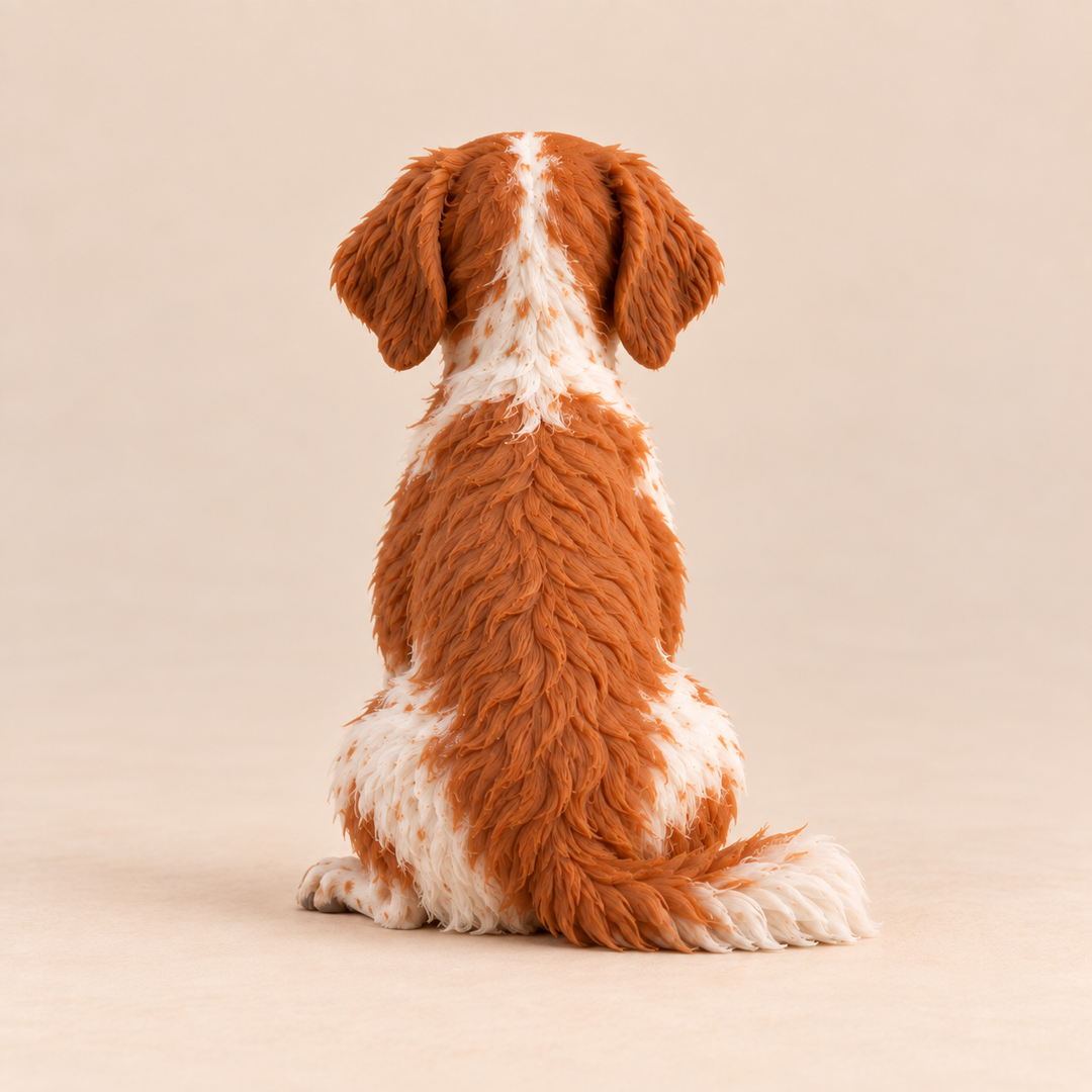 Illustrative rear view of a custom Brittany polymer clay figurine.