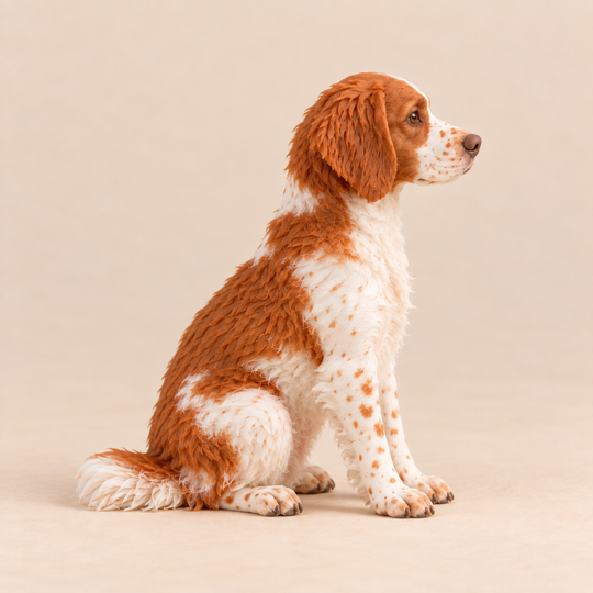 Illustrative side view of a custom Brittany polymer clay figurine.