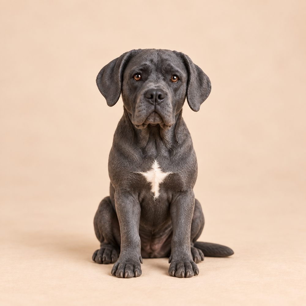 Illustrative front view of a custom Cane Corso polymer clay figurine.