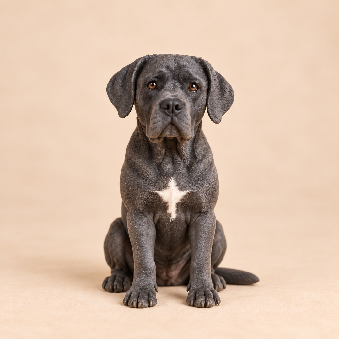 Illustrative front view of a custom Cane Corso polymer clay figurine.