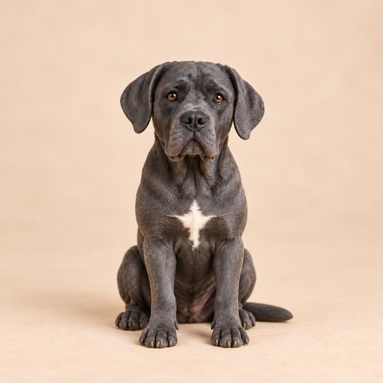 Illustrative front view of a custom Cane Corso polymer clay figurine.