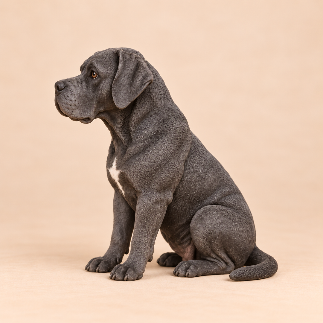 Illustrative side view of a custom Cane Corso polymer clay figurine.