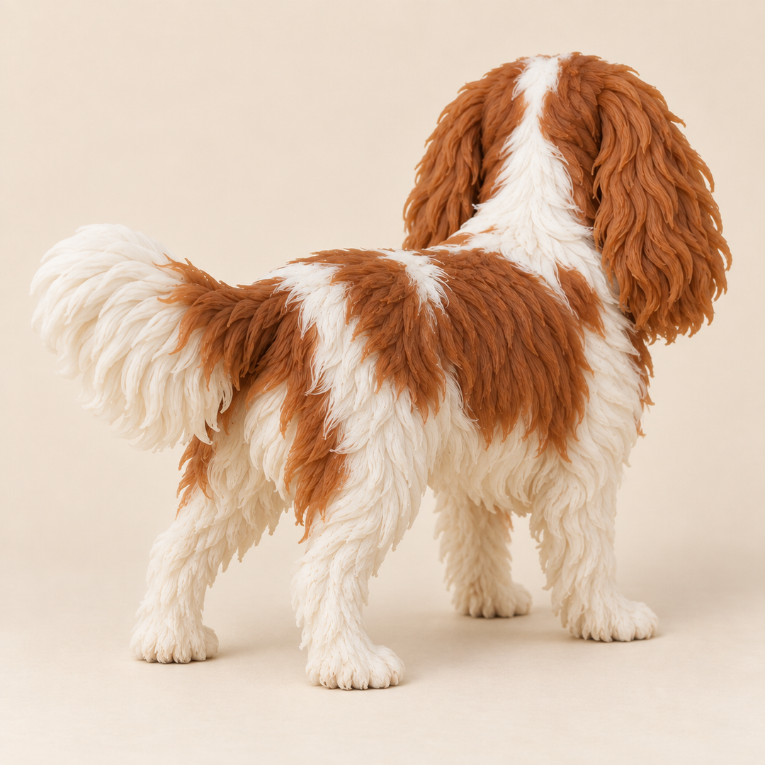Illustrative rear view of a custom Cavalier King Charles Spaniel polymer clay figurine.