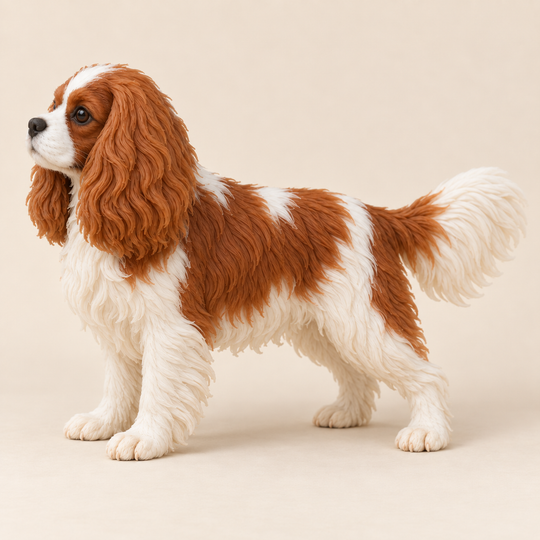 Illustrative side view of a custom Cavalier King Charles Spaniel polymer clay figurine.