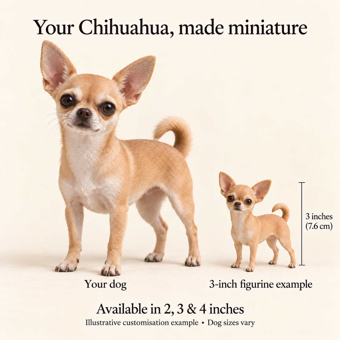 Illustrative Chihuahua comparison showing a small 3-inch figurine beside a dog; available in 2, 3 and 4 inches. Dog sizes vary.