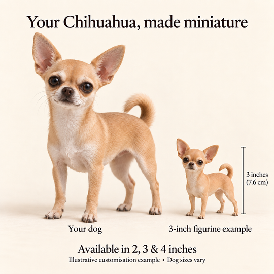 Illustrative Chihuahua comparison showing a small 3-inch figurine beside a dog; available in 2, 3 and 4 inches. Dog sizes vary.