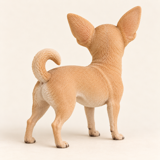 Illustrative rear view of a custom Chihuahua polymer clay figurine.