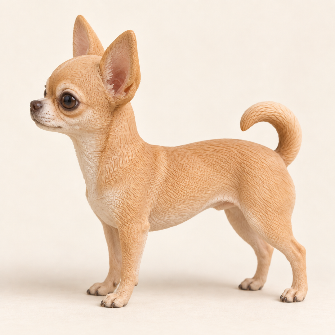 Illustrative side view of a custom Chihuahua polymer clay figurine.