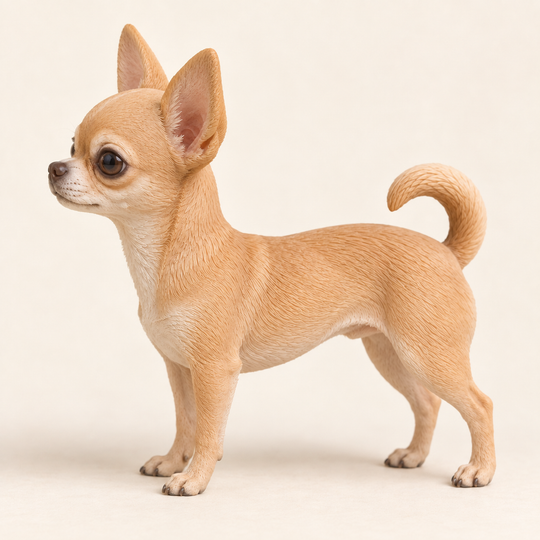 Illustrative side view of a custom Chihuahua polymer clay figurine.