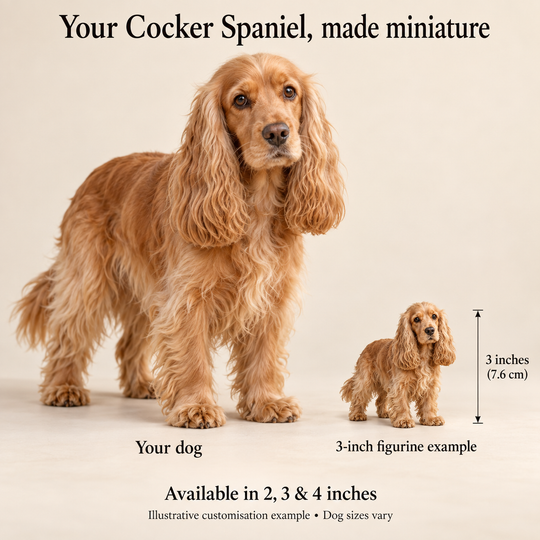 Illustrative Cocker Spaniel comparison showing a small 3-inch figurine beside a dog; available in 2, 3 and 4 inches. Dog sizes vary.