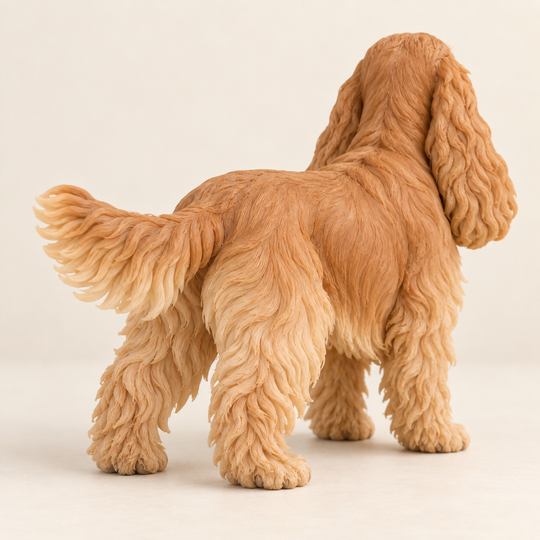 Illustrative rear view of a custom Cocker Spaniel polymer clay figurine.