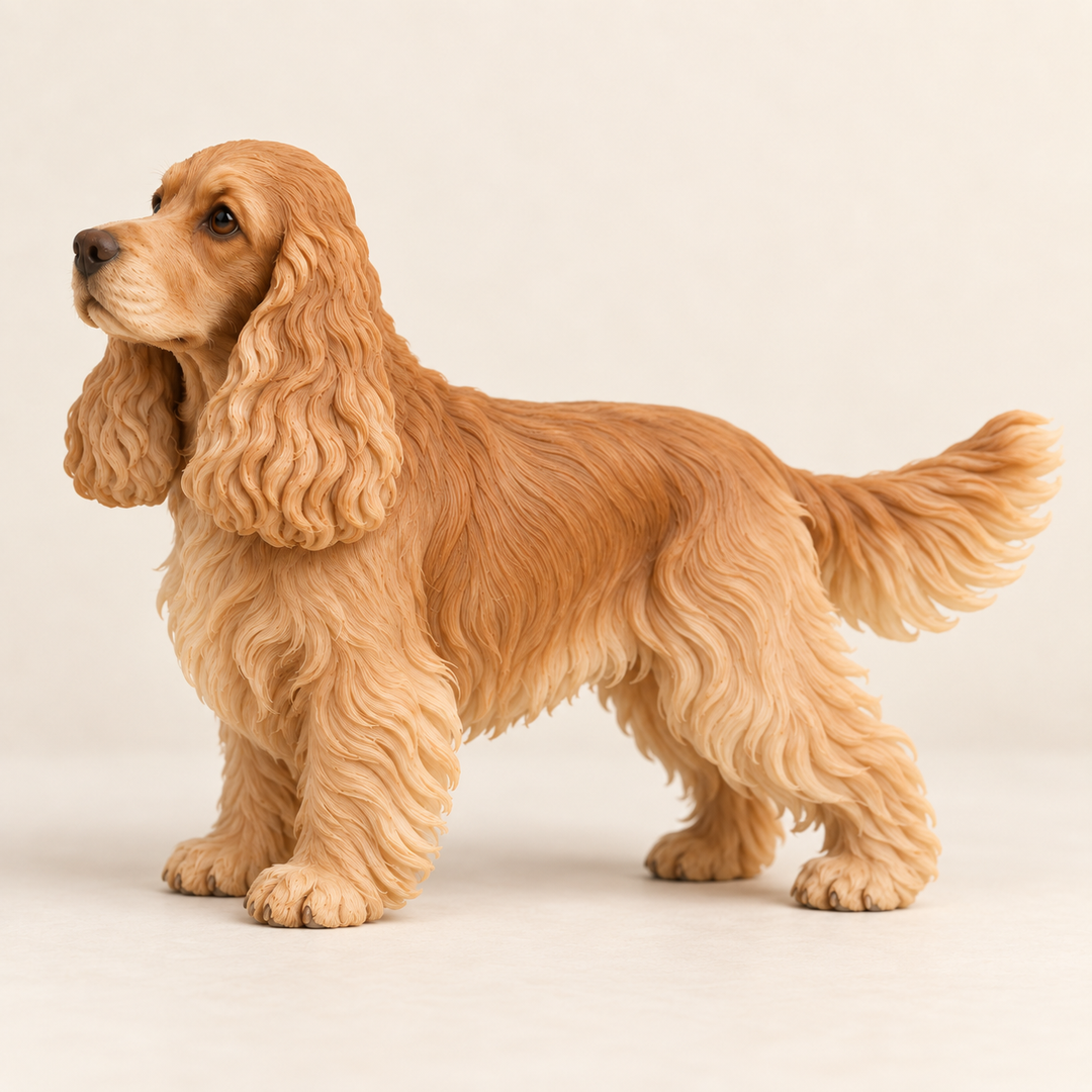 Illustrative side view of a custom Cocker Spaniel polymer clay figurine.