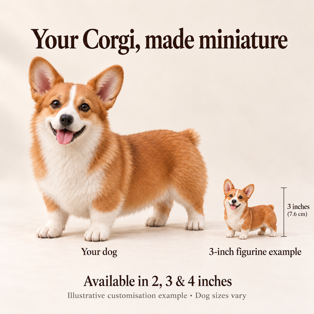 Illustrative Corgi comparison showing a small 3-inch figurine example beside a full-size dog; available in 2, 3 and 4 inches. Dog sizes vary.