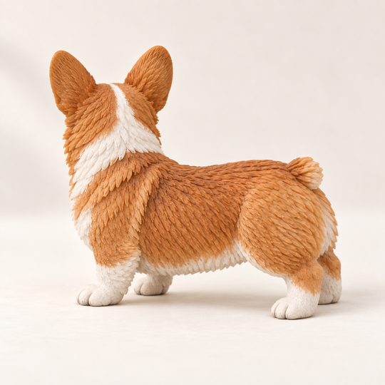 Illustrative rear view of a red-and-white Corgi figurine with a short tail.