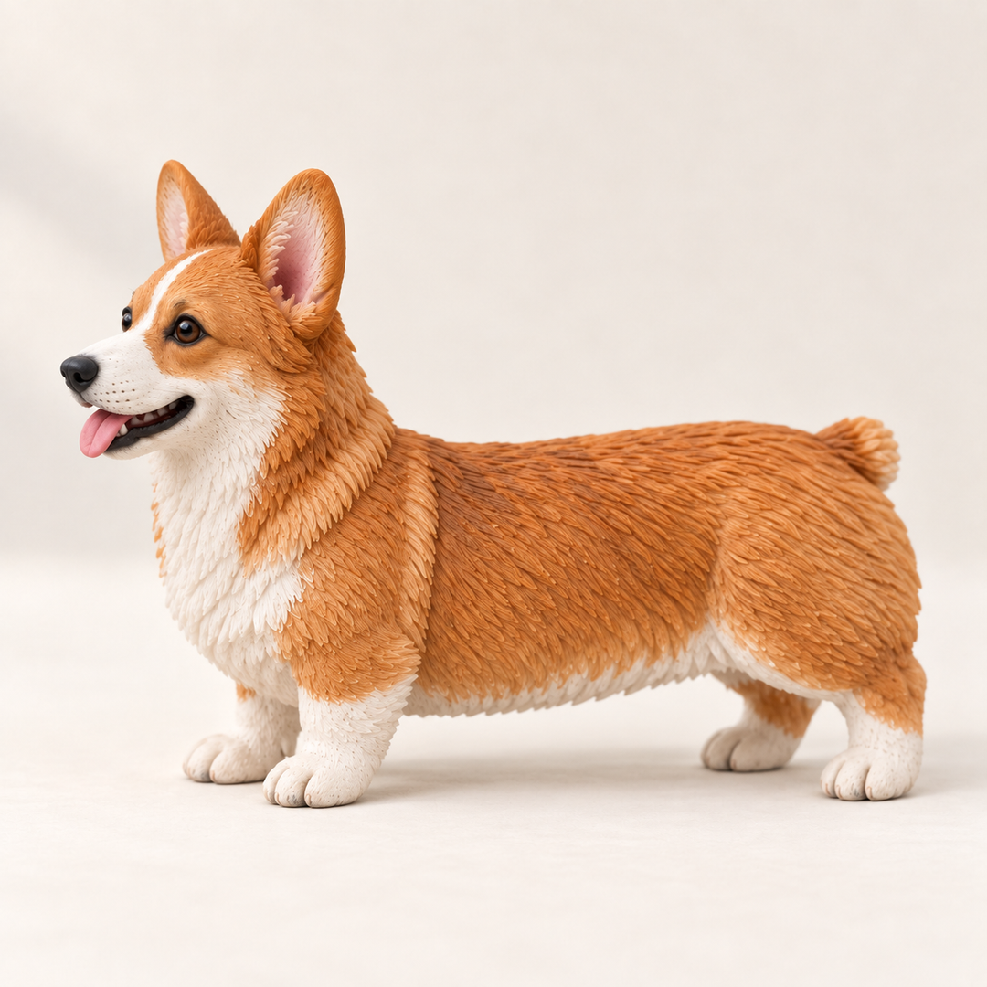 Illustrative side view of a standing Corgi figurine with short legs and a long body.