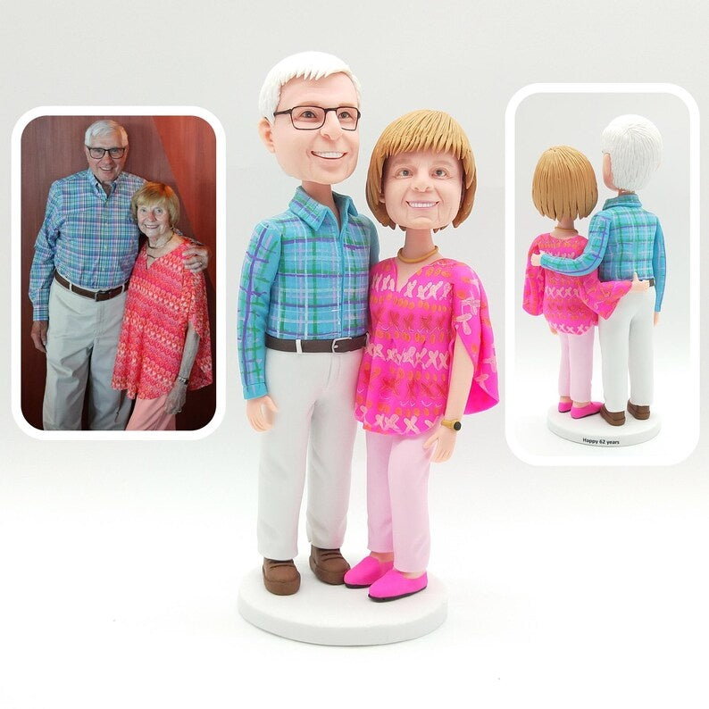 Personalised Older couple in a plaid shirt and bright pink outfit Figurines; example sculpture