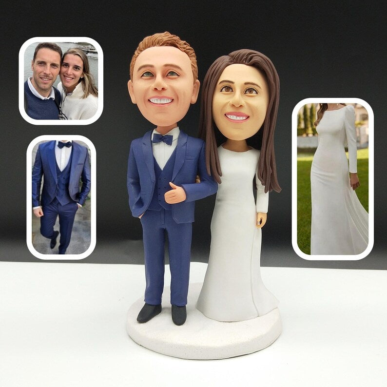 Personalised Wedding couple in blue suit and white gown Figurines; example sculpture
