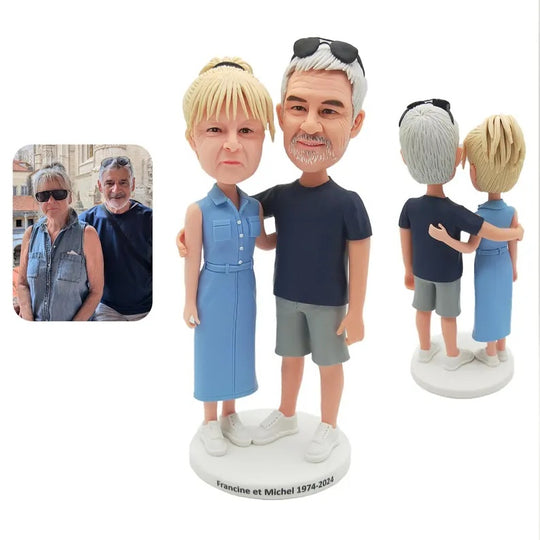 Personalised Older couple, blue dress and dark top with shorts Figurines; example sculpture