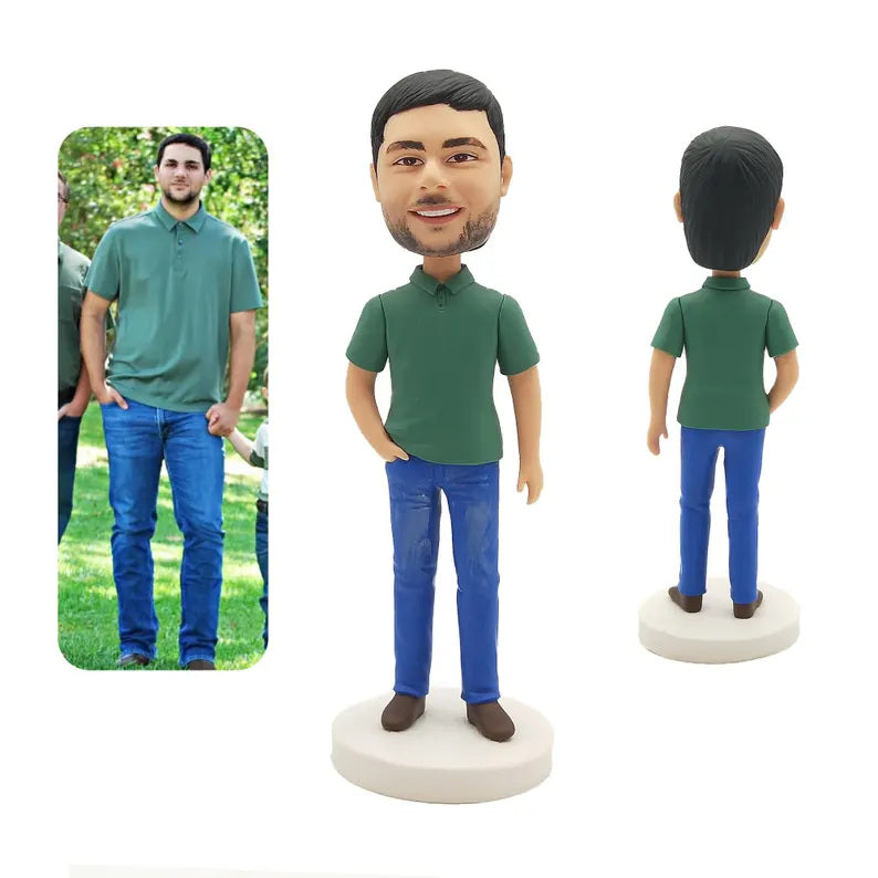 Personalised Green Polo and Blue Jeans Figurine from Photos; example sculpture