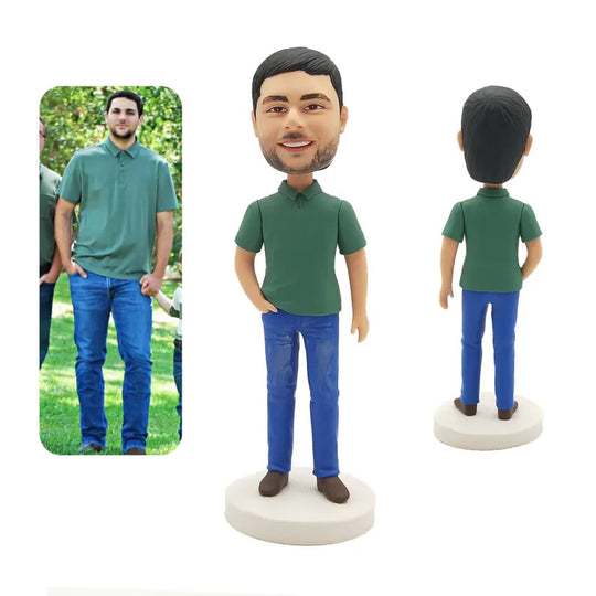 Personalised Green Polo and Blue Jeans Figurine from Photos; example sculpture