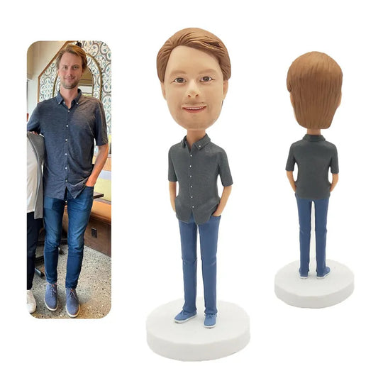 Personalised Grey Shirt and Blue Jeans Figurine from Photos; example sculpture