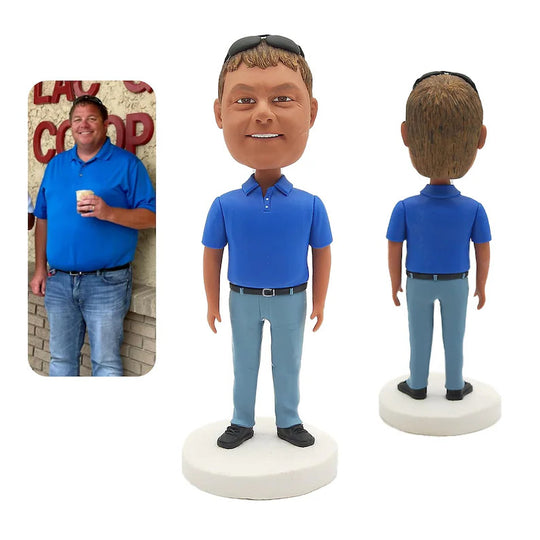 Personalised Bright Blue Polo and Jeans Figurine from Photos; example sculpture