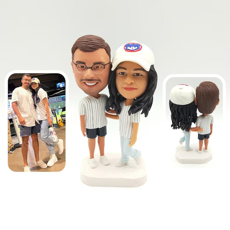 Personalised Casual couple in striped shirts and caps Figurines; example sculpture