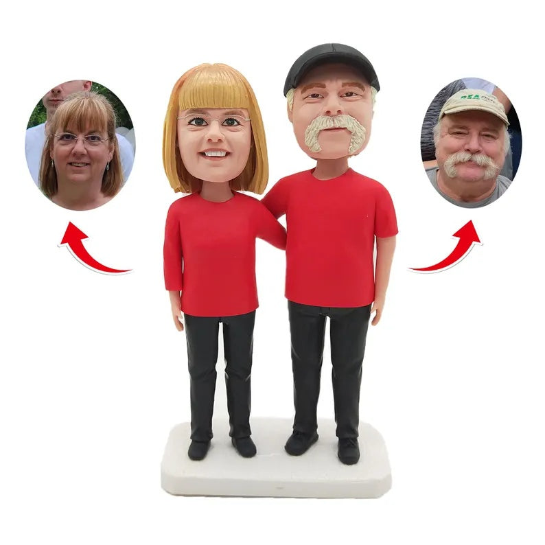 Personalised Couple in matching red shirts and black trousers Figurines; example sculpture