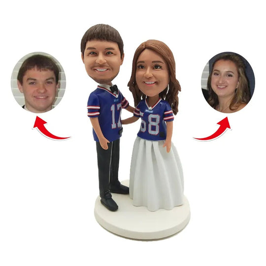Personalised Wedding couple in sports jerseys, bride with white skirt Figurines; example sculpture