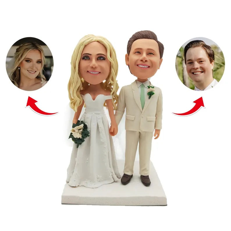 Personalised Wedding couple in beige suit and white dress Figurines; example sculpture
