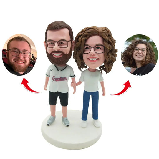 Personalised Casual couple with glasses and sports-jersey shirt Figurines; example sculpture
