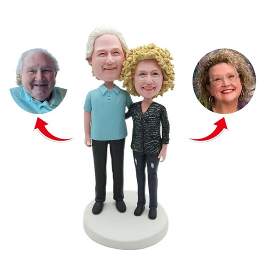 Personalised Older couple in pale blue and dark patterned tops Figurines; example sculpture