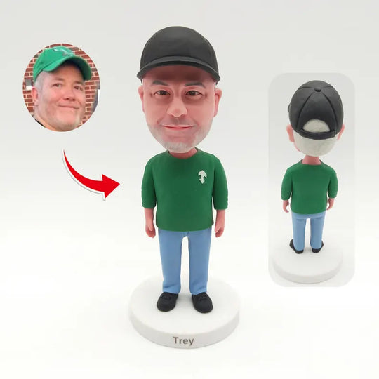 Personalised Black Cap and Green Top Figurine from Photos; example sculpture