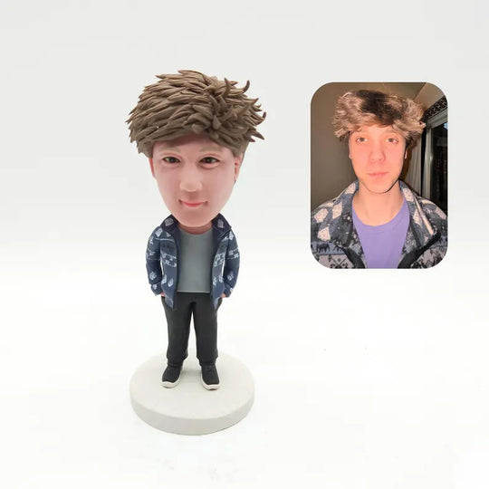 Personalised Blue Patterned Jacket Figurine from Photos; example sculpture