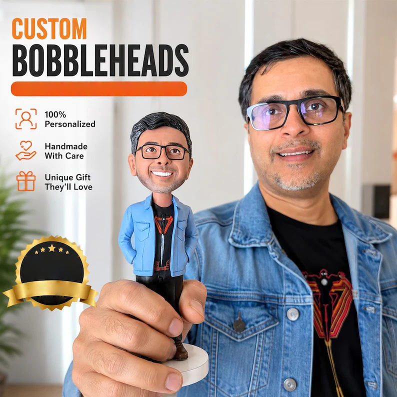 Personalised Denim Jacket Bobblehead with Glasses Custom Photo Figurine; example sculpture