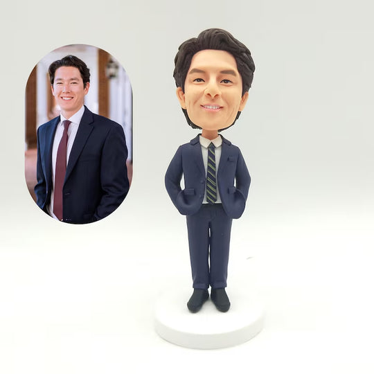 Personalised Navy Suit and Striped Tie Figurine from Photos; example sculpture