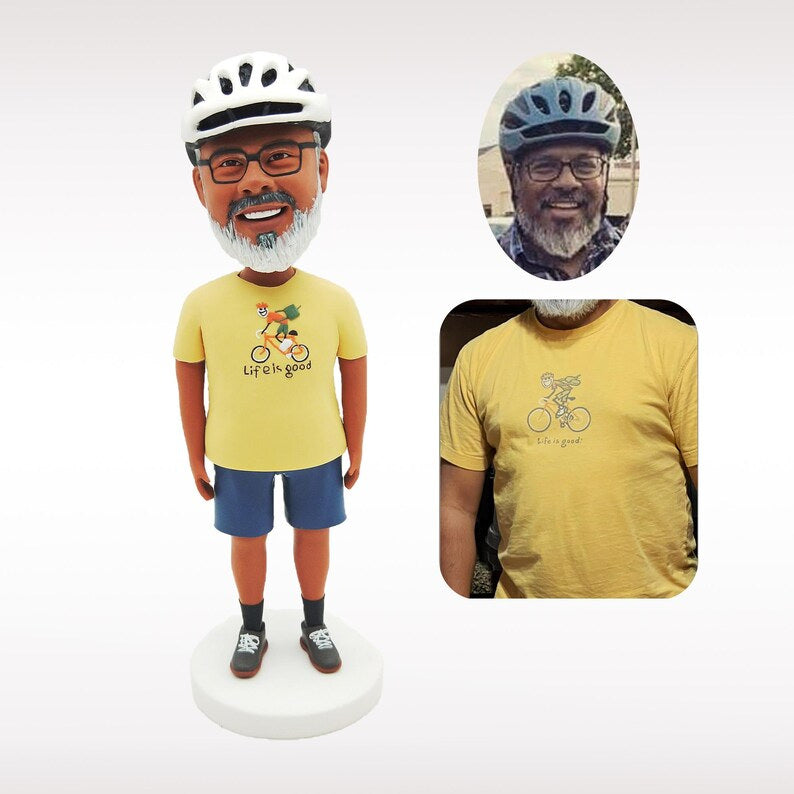 Personalised Cycling Helmet Bobblehead Custom Rider Figurine from Photo; example sculpture