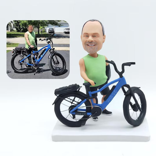 Custom Cyclist with Blue Wide-Tyre Bicycle Bobblehead; example sculpture