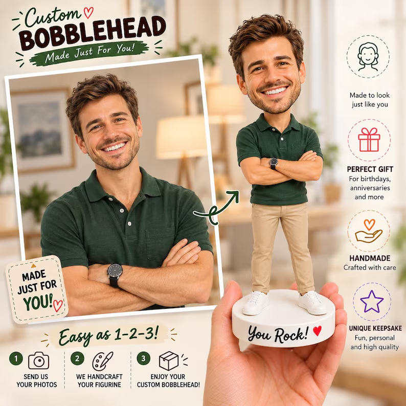 Custom Green Polo Bobblehead with Folded Arms Personalised Photo Figurine; example sculpture
