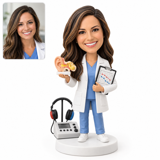 Custom audiologist bobblehead with matching portrait reference, ear model, audiogram and hearing-test equipment.