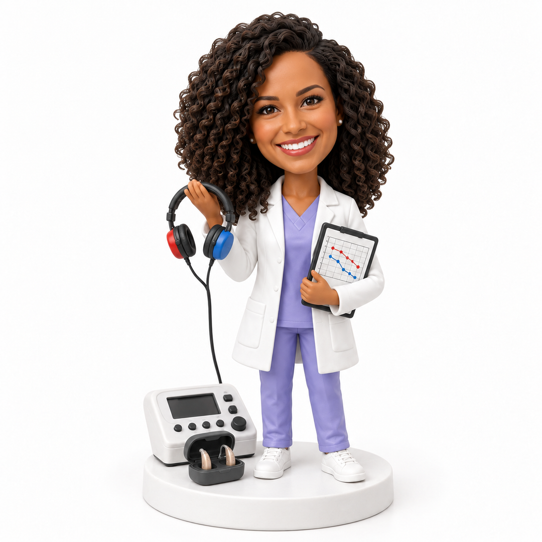 Custom male audiologist bobblehead with ear model, audiogram and hearing-test equipment.