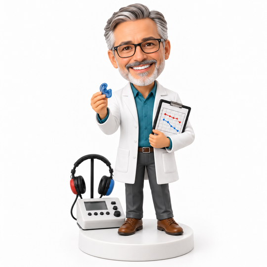 Custom audiologist bobblehead in pink scrubs with hearing aids and audiogram.