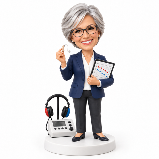 Custom senior audiologist bobblehead with hearing equipment and audiogram.