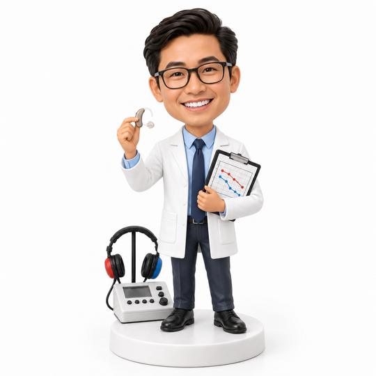 Custom audiologist bobblehead with ear model and hearing-test equipment.
