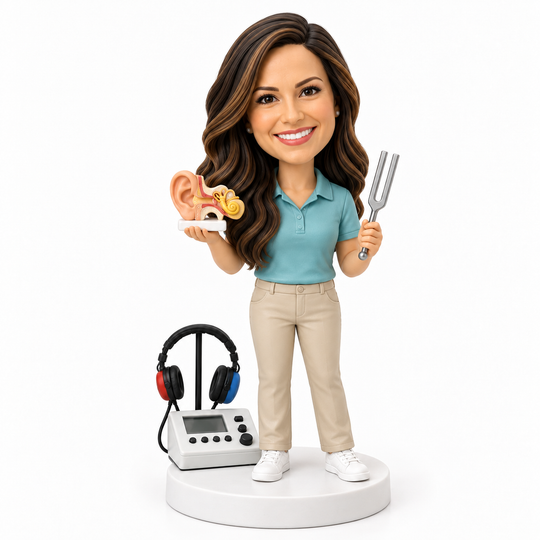 Custom male audiologist bobblehead holding a hearing aid and audiogram.