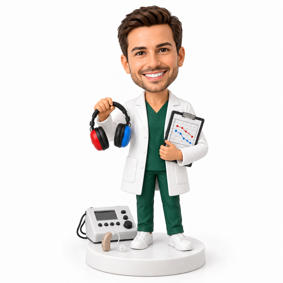 Custom audiologist bobblehead with headphones, hearing aids and audiogram.