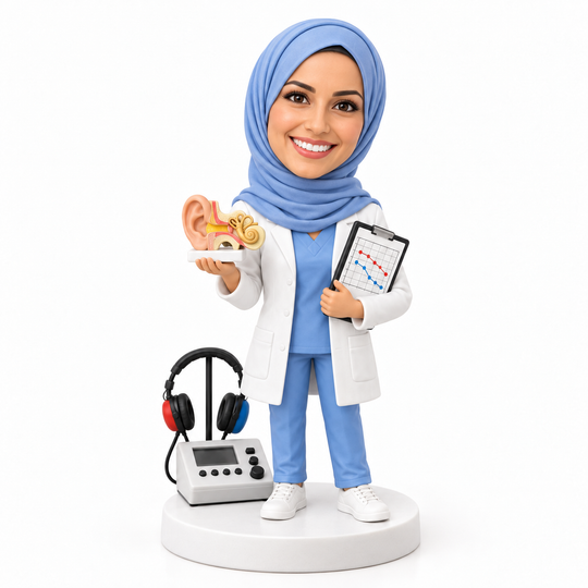 Custom audiologist bobblehead with ear model, tuning fork and hearing-test equipment.